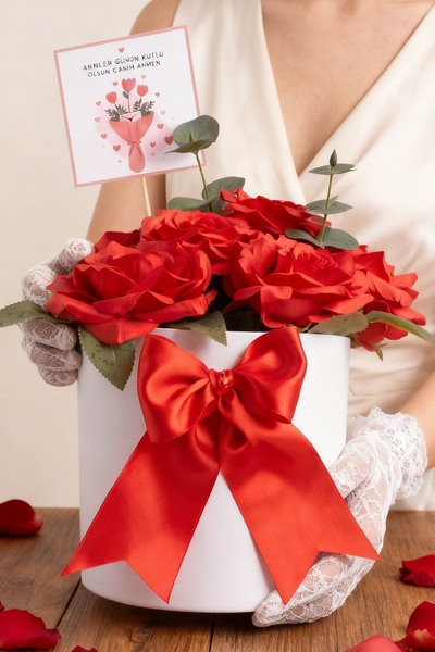 Sole Buchet artificial de 7 trandafiri roșii cu frunze de eucalipt în cutie cilindrică, aranjament cu notă de carte, trandafir roșu