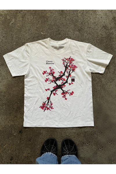 EVIus Tricou supradimensionat cu imprimeu cu flori de cireș, 100% bumbac, cu ...