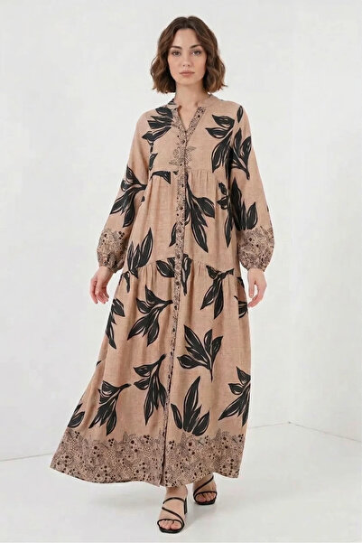 buğrahayalin Women's V-Neck Gathered Waist Floral Patterned Viscose D.Mink Hi...
