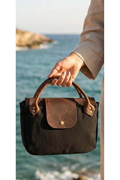 Genuine Leather & Canvas Women's Handbag - Vintage Design