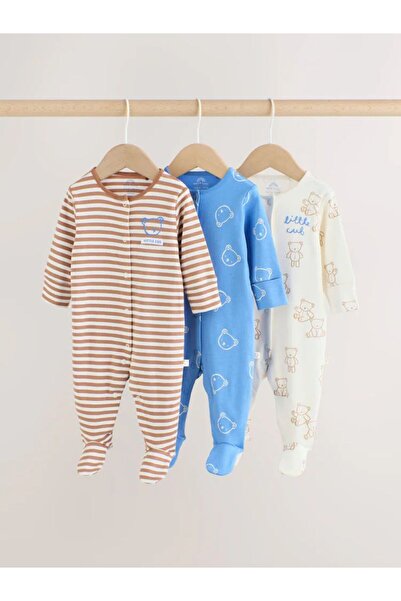Next Baby Pamuklu Mavi Kahve Ayıcık Desenli 3'lü Tulum Set