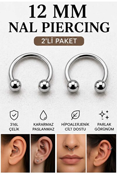 Eva&Rose 2 Adet 12MM Nal Piercing 316L Cerrahi Çelik Septum Helix Tragus Kıkı...