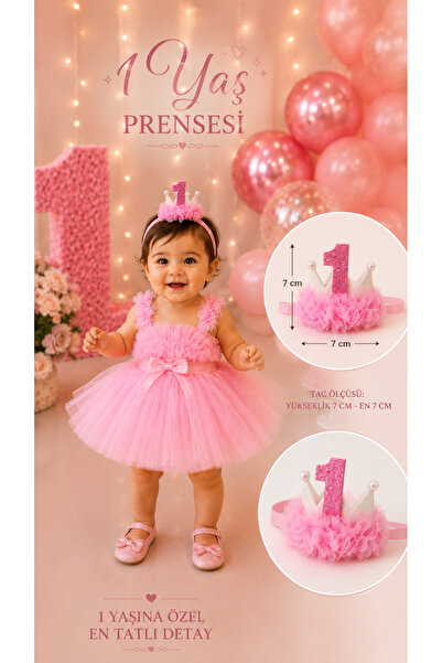 Toka Perisi 🎀 1 Yaş Prenses Tacı – Pembe Doğum Günü Tacı 👑