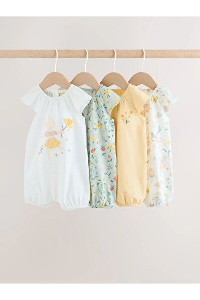 Next Baby Pamuklu Krem Yeşil Çiçek Desenli 4'lü Tulum Set