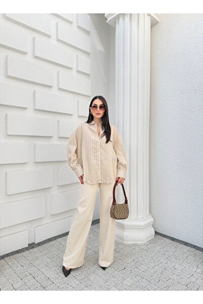 Myra Fashion Çizgili Dantel Detaylı Oversize Gömlek Fisto İşlemeli Geniş Kesi...