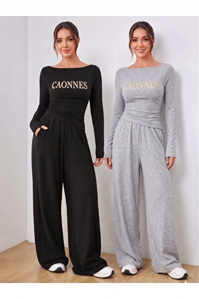 CANDERO Kadın 2 li Eşofman Altı- Siyah - Gri - Oversize Rahat Casual Günlük E...