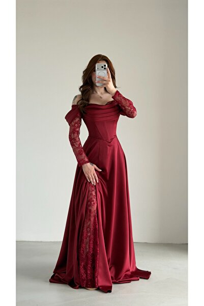 AYŞENUR DİNÇER Royal Dantel Detaylı Bordo Abiye