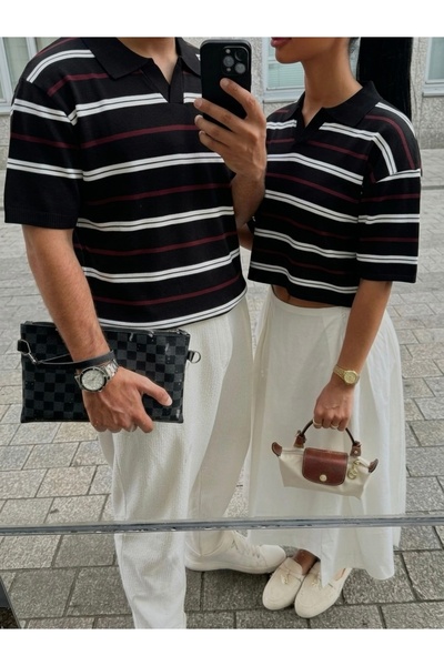 ModaYaren Set de 2 piese unisex cu guler de cămașă și dungi, combinație pentr...