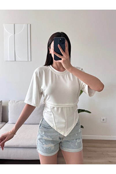 Zoom Butik Bel Bağlamalı Korse Tshirt - BEYAZ
