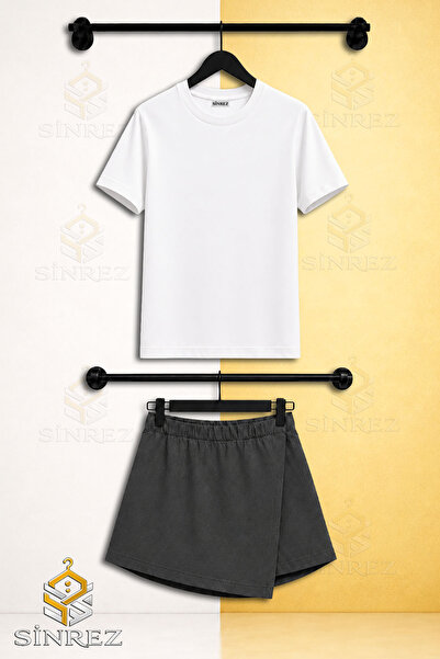 SİNREZ Girl's 2-Piece Set No Print Short Sleeve T-Shirt and Shorts Skirt
