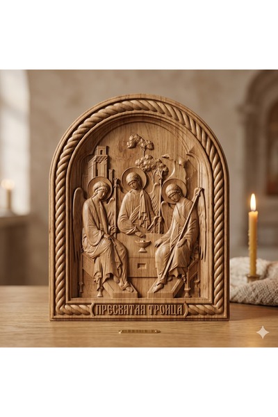 OEM Icoană sculptată în lemn masiv de stejar – Sfânta Treime – 30 x 24 cm
