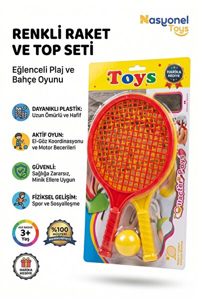 NASYONEL TOYS Çocuklar İçin Renkli Plastik Raket ve Top Seti Eğlenceli Plaj v...