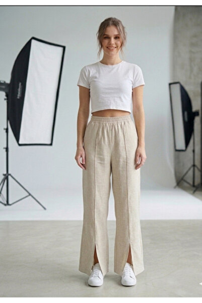EsSo butik Women's Linen Blend Slit Detailed 50% Viscose 40% Cotton Wide Leg ...
