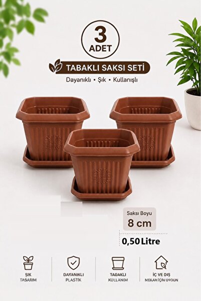 GÜZELYÜZ AVM 3 Adet Kare Saksı | Tabaklı Saksı Seti 0,5 Litre Kahverengi 110x...