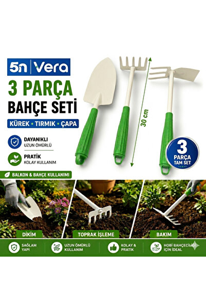 5NVERA Lüks Hobi Bahçe Seti (3 Parça) | Kürek Tırmık Çapa | Dayanıklı Profesy...