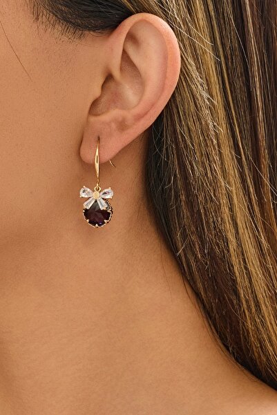 FAYRA ACCESSORIES Renkli Zirkon Taşlı Fiyonk Figürlü Yuvarlak Küpe