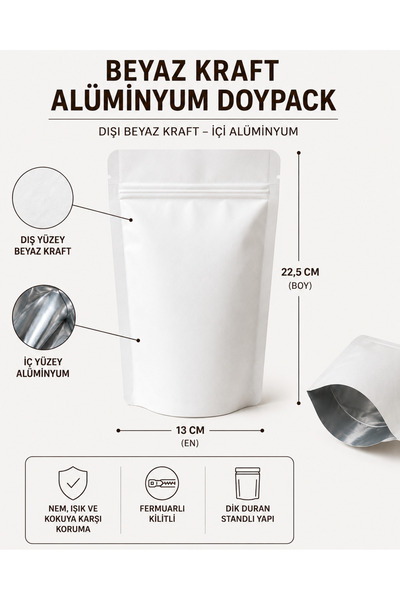 DOYPACK BEYAZ KRAFT ALÜMİNYUM KİLİTLİ - 13*22,5 - 250 GR - 100 ADET
