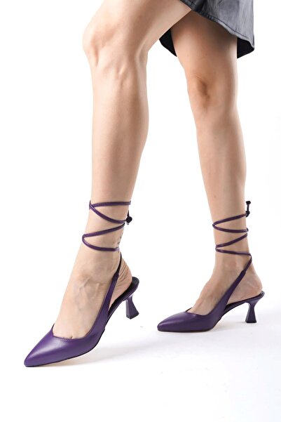 Y ESMA Purple Leather Pointed Toe Shoes with Open Back and Tie-Up Strap, 5cm ...
