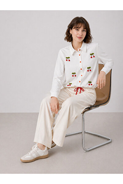 PENGORA Cherry Detailed Comfortable Fit Long Sleeve Lace-Up Women's Shirt