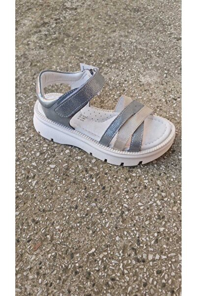 BAĞCILAR AYAKKABI Genuine Leather Orthopedic Sole Velcro Girls' Sandals Silve...