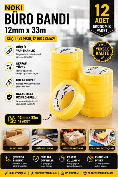 ANI OFİS KIRTASİYE A K Şeffaf Büro Bandı 12mm x 33m – Güçlü Yapışkanlı 12’lı ...