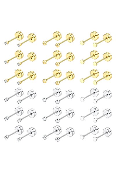 Choice8 18 Pairs Set 2mm 18 Pairs 14K Gold Plated Surgical Steel Screw Flat B...