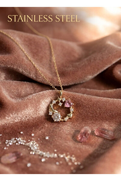 stainless steell 316L Steel Chain Gold Color Pink Stone Detailed Garland Mode...