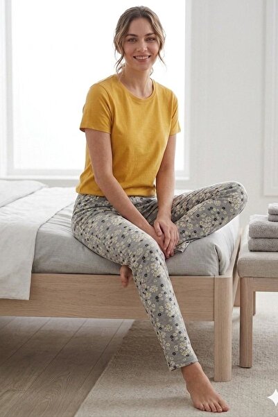 VİP BERA TEKSTİL Kadın Sarı Çiçek Baskılı Esnek Yapılı Pamuklu Penye Pijama Altı