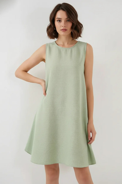 Efnaz style Women's Round Neck Sleeveless Viscose Green Dress