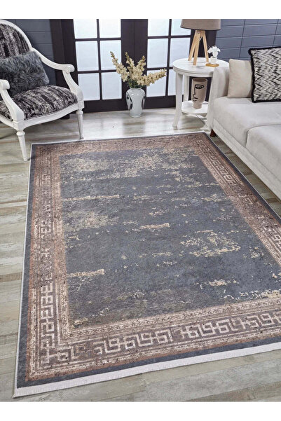 halinet سجادة غرفة المعيشة Halı.Net Anthracite Vintage قابلة للغسل ومضادة للا...