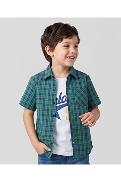Pine kids Cotton Woven Half Sleeves Checks Shirt with Printed T-Shirt - Sea G...