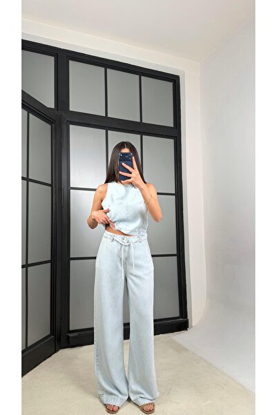 GAUS CO Ice Blue Zippered Blouse Belted Waist Pants Double Denim Set Gaus-013...