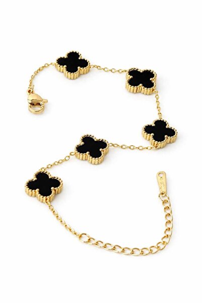 sheenez Gold-Siyah Şans Zincir Kadın Çelik Bileklik(ebat1 cm)uzunluk 23cm
