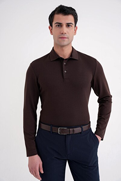 Efor Comfort Fit 97% Flexible Cotton Polo Collar Long Sleeve Brown T-Shirt Ts...