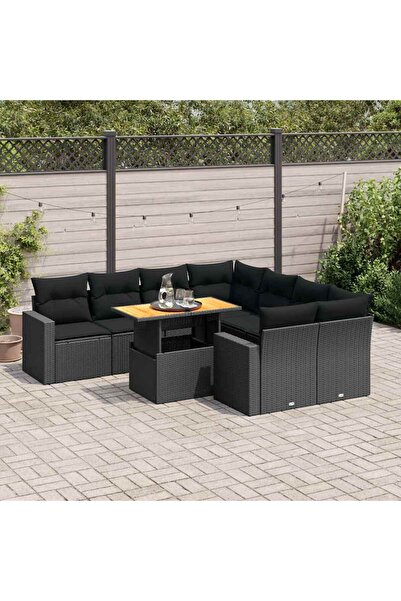 vidaxl Set mobilier de gradina cu perne, 9 piese, negru, poliratan