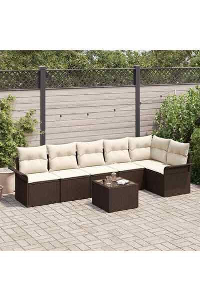 vidaxl Set de canapele pentru gradina cu perna 7 pcs Maro Rattan poli