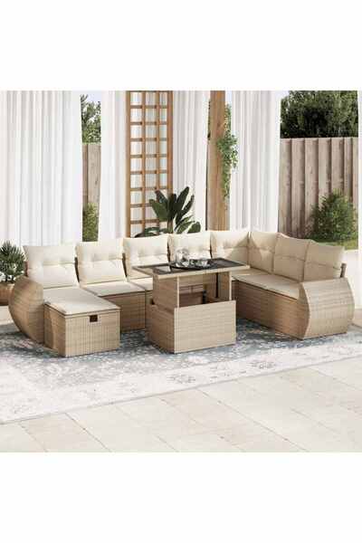 vidaxl Set canapele de gradina, 9 piese, cu perne, bej, poliratan