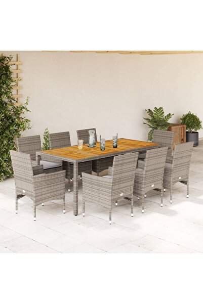 vidaxl Set mobilier gradina cu perne 9 piese gri poliratan/lemn acacia