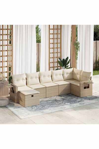 vidaxl Set canapele de gradina, 7 piese, cu perne, bej, poliratan