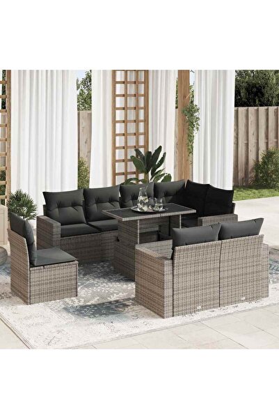 vidaxl Set canapele de gradina, 9 piese, cu perne, gri, poliratan