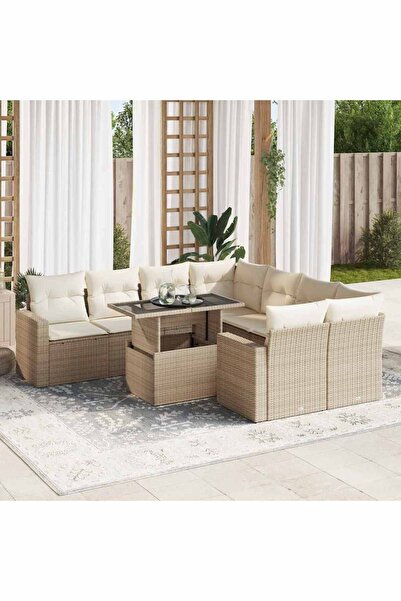 vidaxl Set canapele de gradina, 9 piese, cu perne, bej, poliratan