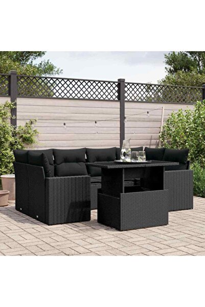 vidaxl Set canapele de gradina cu perne, 7 piese, negru, poliratan