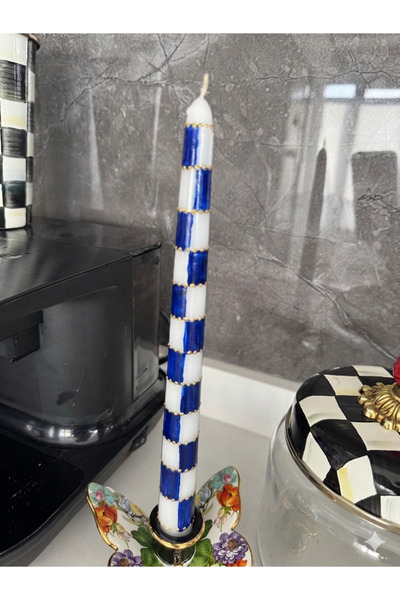 Hatice sakallı design 1 Adet Mavi Damalı Gold detaylı mum