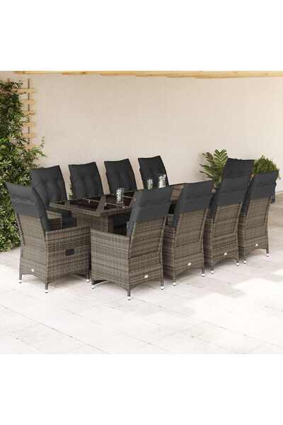vidaxl Set bistro de gradina cu perne, 11 piese, gri, poliratan