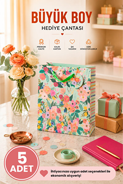 Daks 5 Pcs (32 X 26 X 14 cm) - Pastel Green Floral Large Cardboard Gift Bag