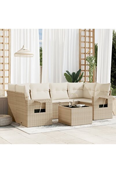 vidaxl Set canapele de gradina, 7 piese, cu perne, bej, poliratan