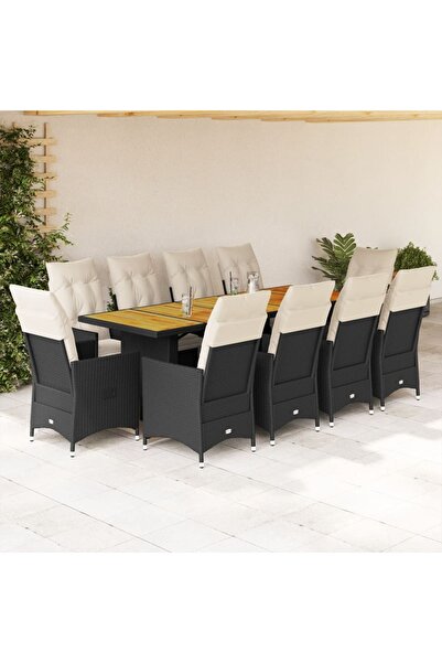 vidaxl Set bistro de gradina, 11 piese, cu perne, negru, poliratan
