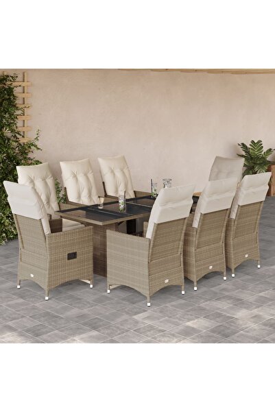 vidaxl Set bistro de gradina, 9 piese, cu perne, bej, poliratan