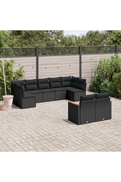 vidaxl Set mobilier de gradina cu perne, 9 piese, negru, poliratan