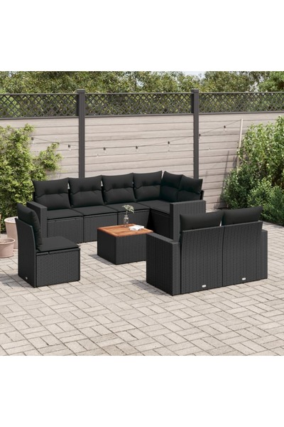 vidaxl Set mobilier de gradina cu perne, 9 piese, negru, poliratan
